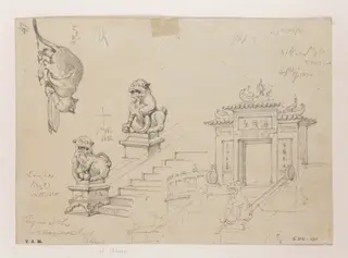 The gateway pavilion at the A-Ma temple, Macau, its guardian lions, and a cat, by George Chinnery, 10