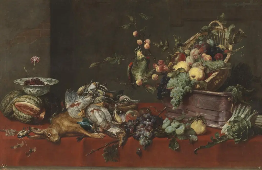 A still life with game, vegetables and fruit on a table, with a parrot on a branch, by Frans Snyders, oil, 1601