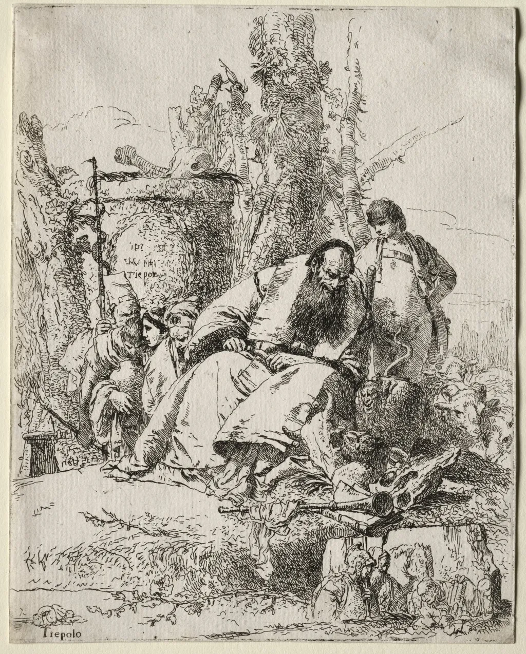 Scherzi di Fantasia:  seated Magician, boy and four figures, by Giovanni Battista Tiepolo, 1755