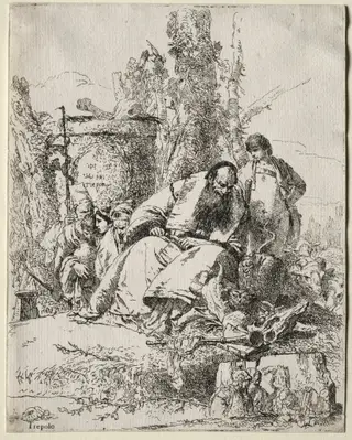 Scherzi di Fantasia:  seated Magician, boy and four figures, by Giovanni Battista Tiepolo, 1755