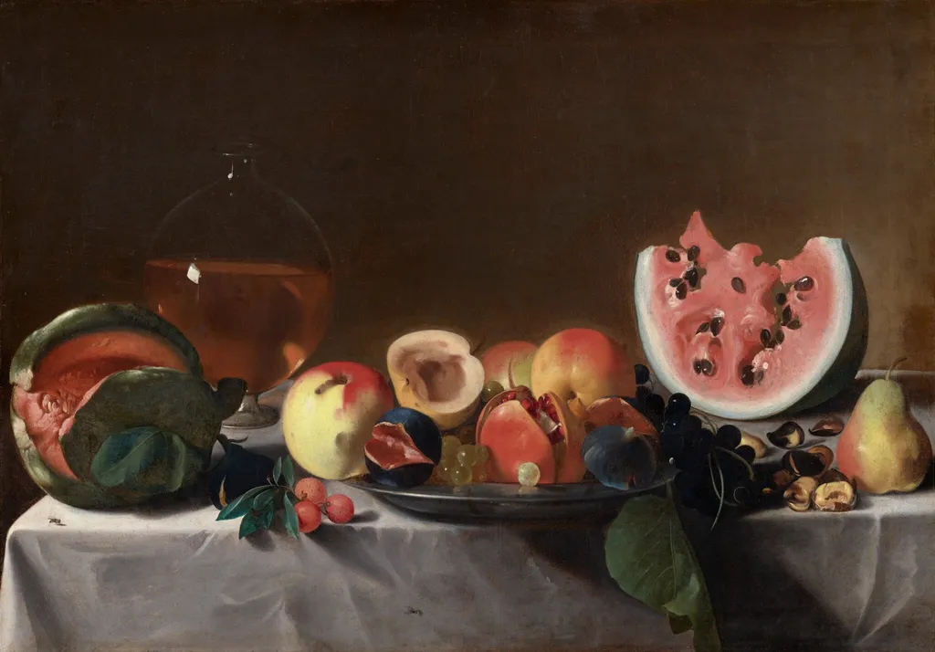Still Life with Fruit and Carafe, by Pensionante del Saraceni, oil, 1615