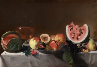Still Life with Fruit and Carafe, by Pensionante del Saraceni, oil, 1615
