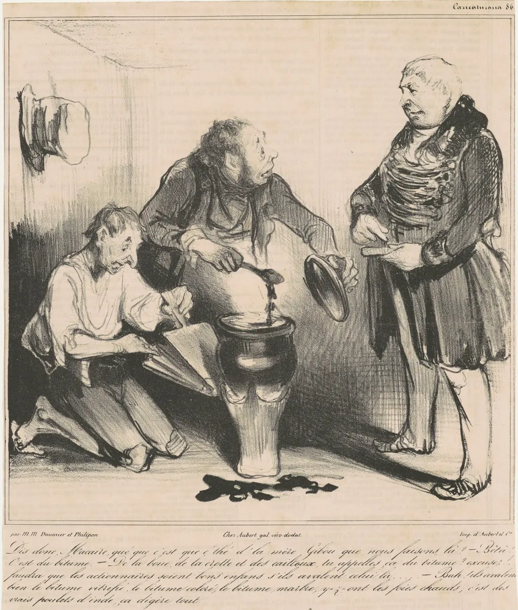 Dis donc, Macaire, qué que c'est que c'thé..., by Honoré Daumier, ink, 1838