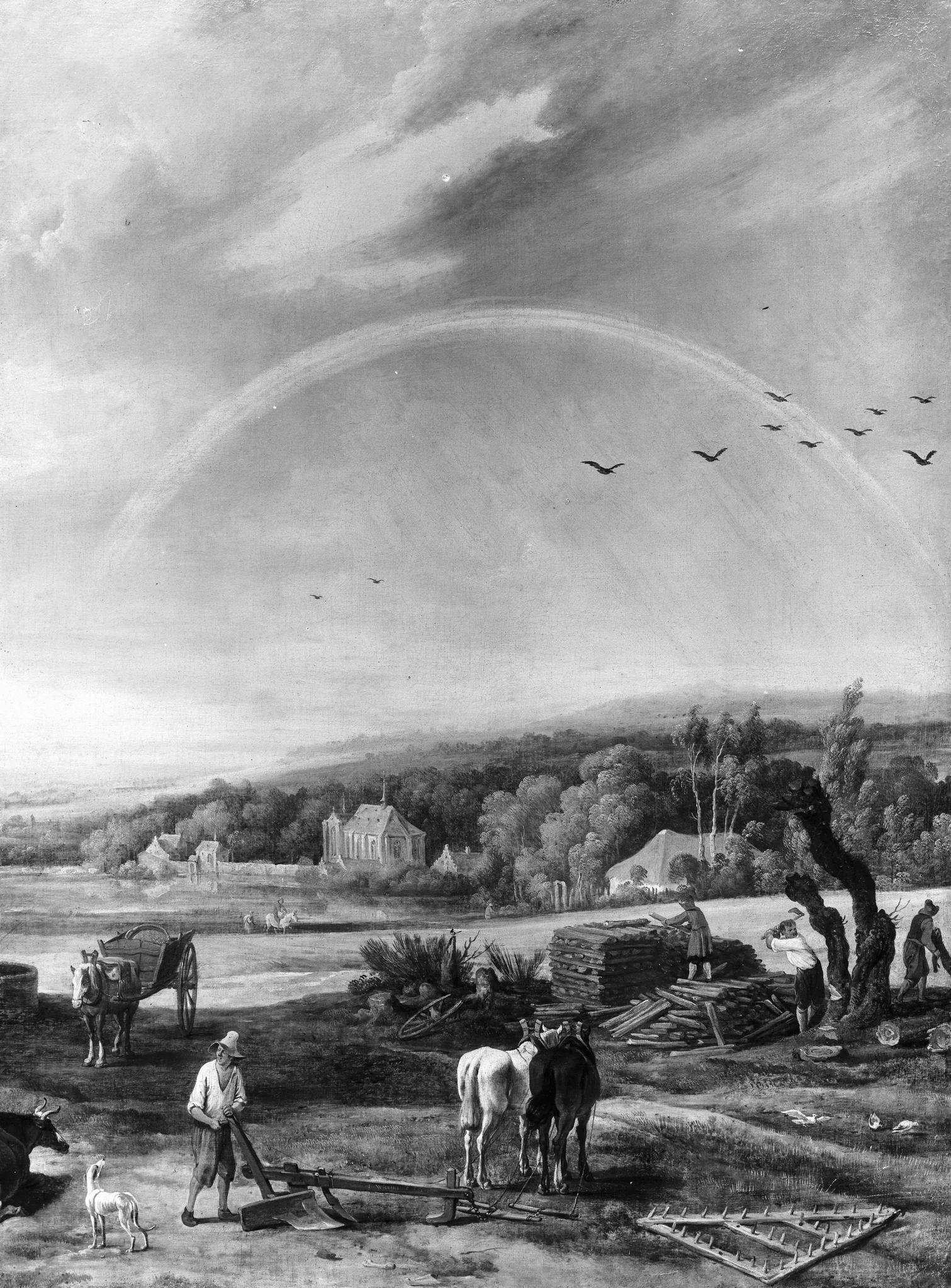 Landscape with a rainbow and lumberjacks, detail