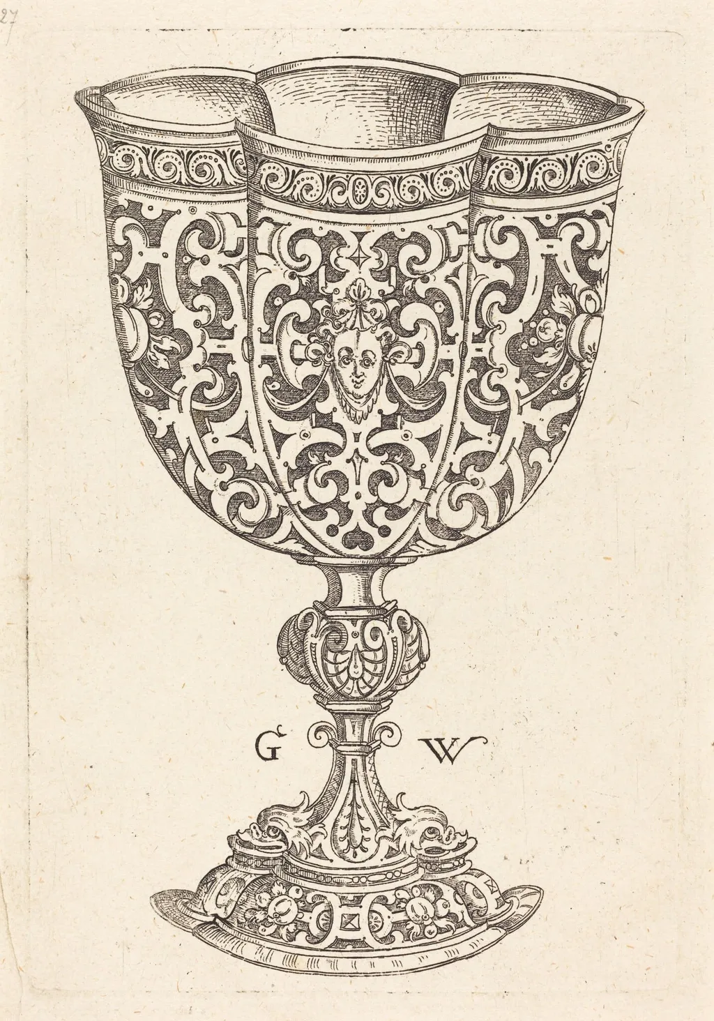 Chalice with six embossings, base decorated with two dolphins, by Georg Wechter I, ink, 1579