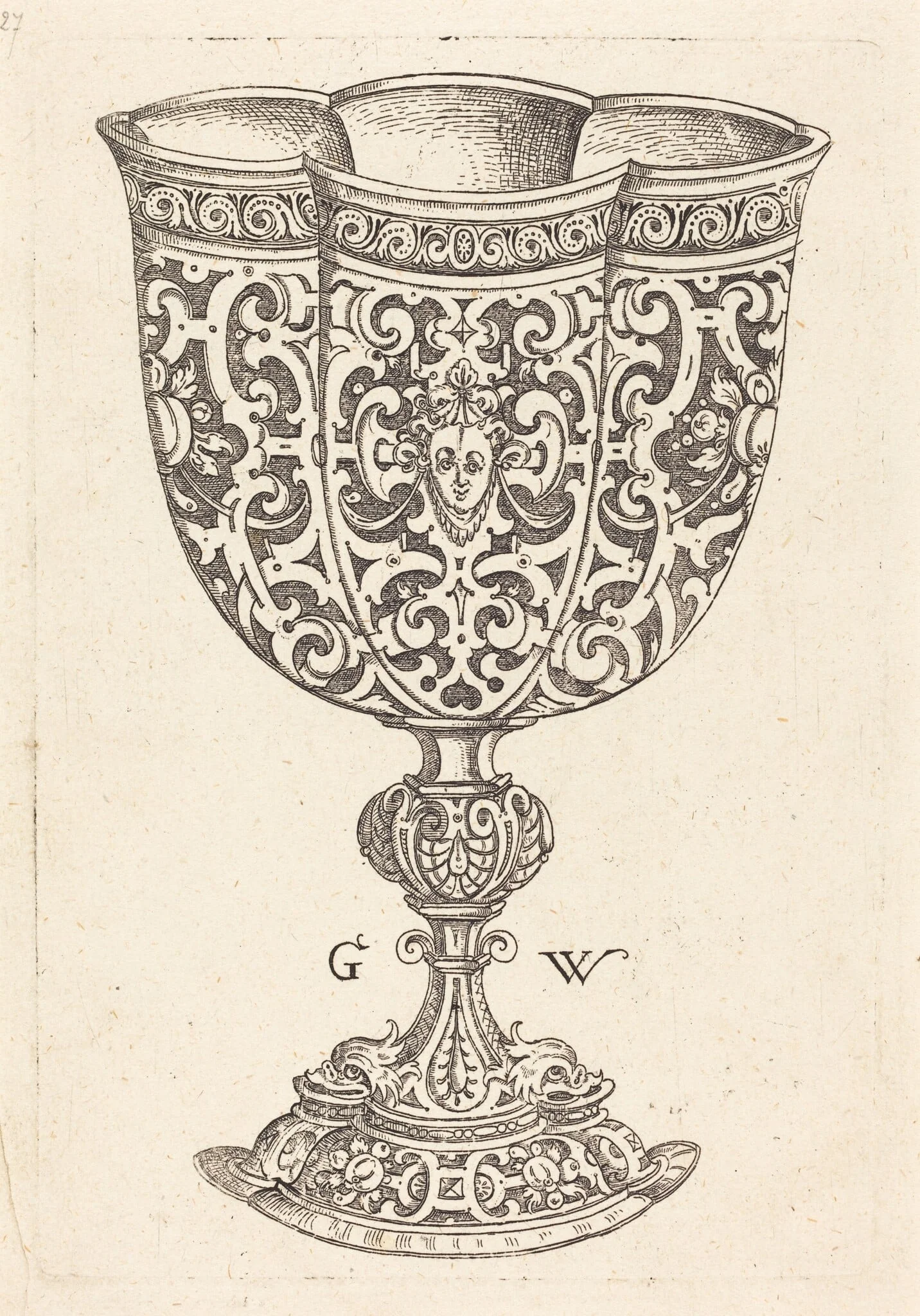 Chalice with six embossings, base decorated with two dolphins, detail