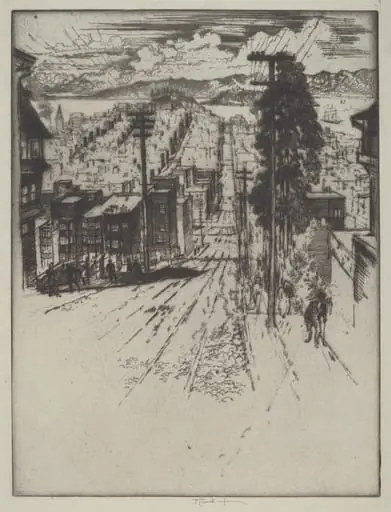 Down and Up the Hills to the Bay, San Francisco, by Joseph Pennell, ink, 1912