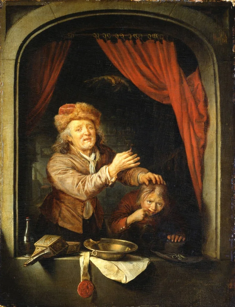 A tooth-drawer holding up a tooth after extracting it from a patient, detail