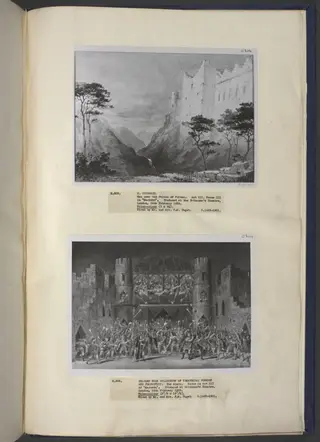 drawing of scenery and props in Macbeth, by William Telbin, 1855