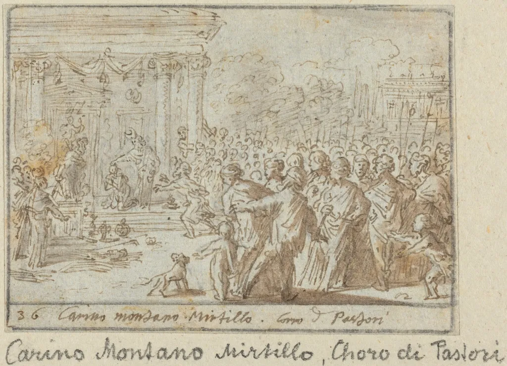 Chorus of Shepherds: Carino, Montano and Mirtillo, by Johann Wilhelm Baur, ink, 1640