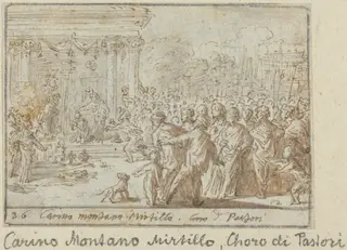 Chorus of Shepherds: Carino, Montano and Mirtillo, by Johann Wilhelm Baur, ink, 1640
