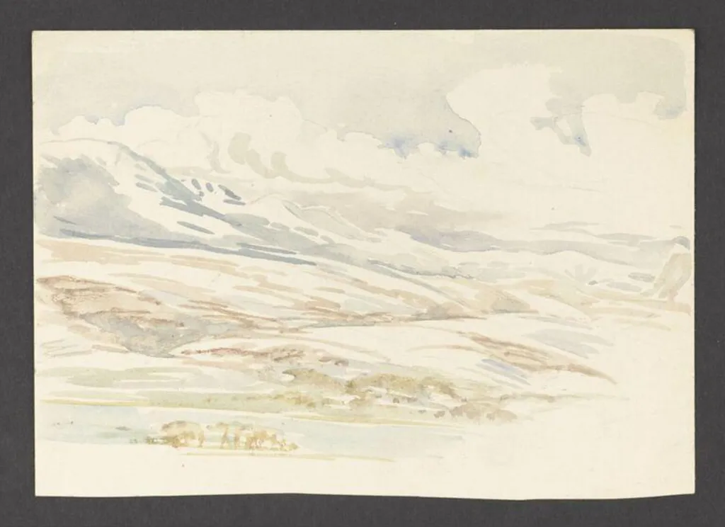 Landscape with hills under snow and a lake, by Beatrix Potter, watercolor, 1911