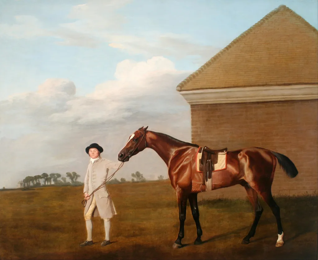Firetail with his Trainer by the Rubbing-Down House on Newmarket Heath, by George Stubbs, unspecified, 1773