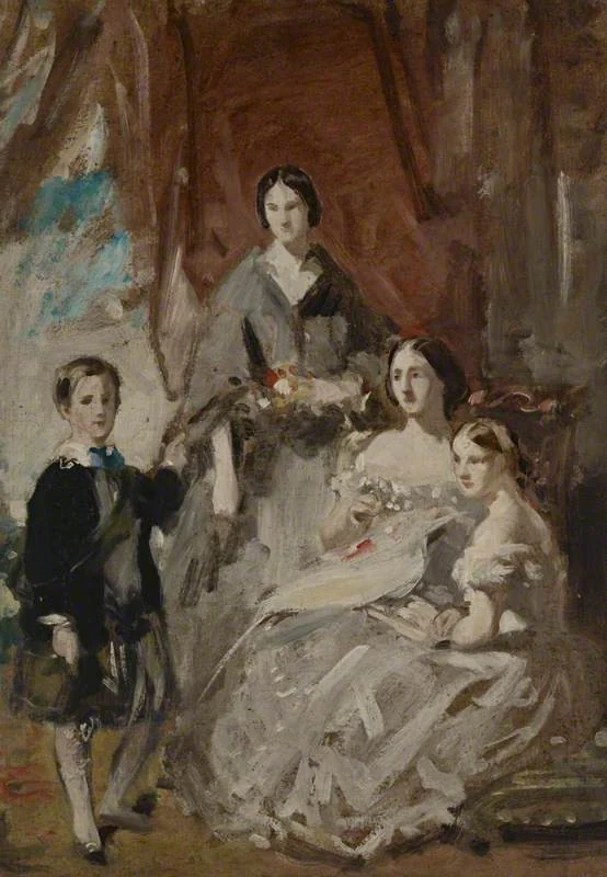 A Portrait Study of Three Ladies and a Boy in Highland Dress in an Interior, detail