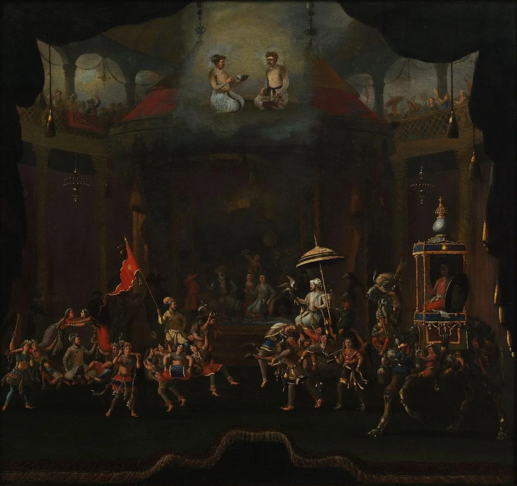 Parade of the sons of Shah Jahan on composite horses and elephants, by Willem Schellinks, oil, 1665