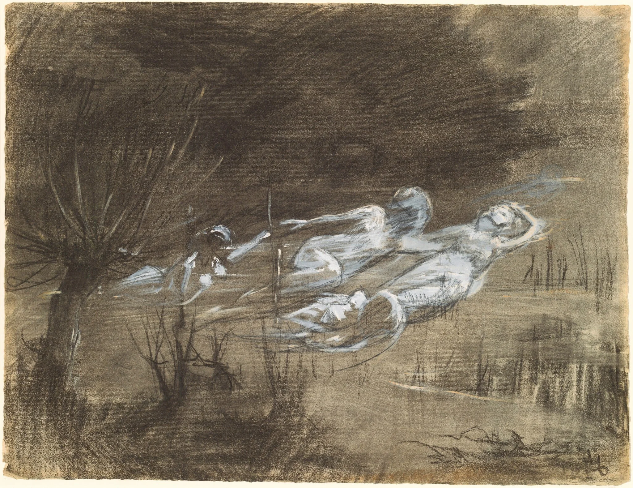 Woman Floating in a River Attended by Two Female Spirits, detail
