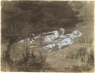 Woman Floating in a River Attended by Two Female Spirits, by Frederick Trapp Friis, charcoal, 1895