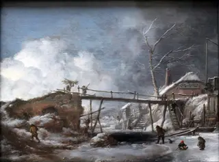 Winter Landscape with Wooden Bridge, by Philips Wouwerman, oil, 1660