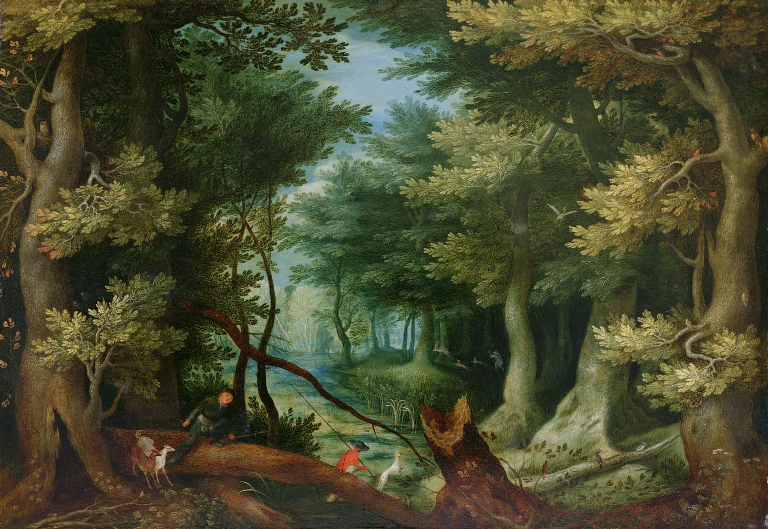 Forest landscape with deer hunt, detail