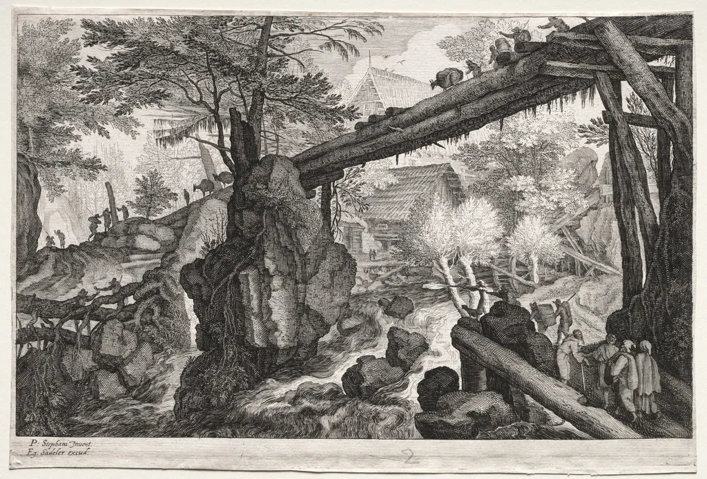 Eight Bohemian Landscapes: Landscape with Log Bridge over Cataract, by Aegidius Sadeler II, 1612