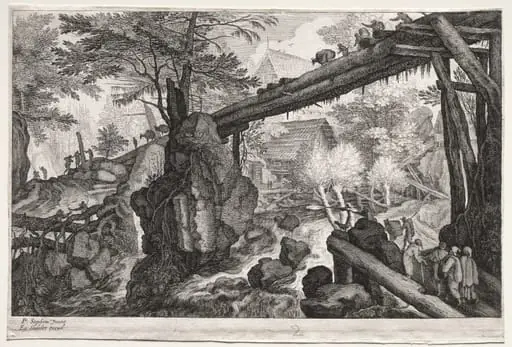 Eight Bohemian Landscapes: Landscape with Log Bridge over Cataract, by Aegidius Sadeler II