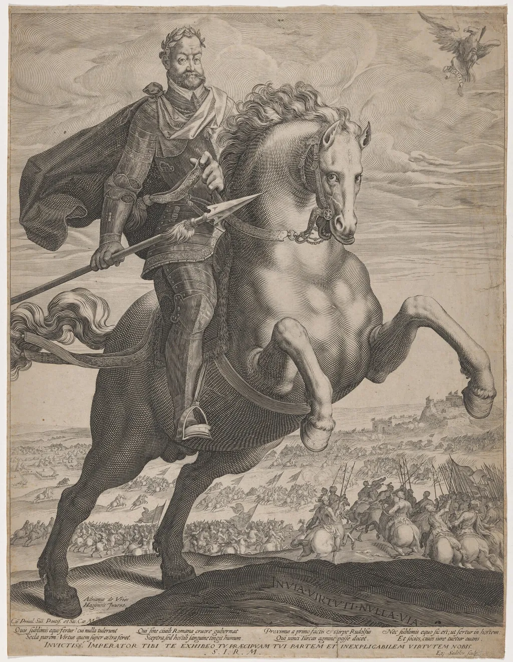 Emperor Rudolph II on Rearing Horse, by Aegidius Sadeler II, ink, 1600
