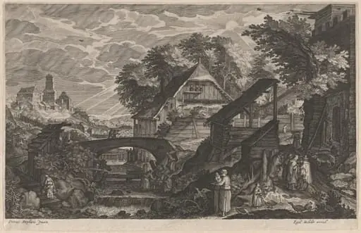 Farm Houses by a River with a City Beyond, by Aegidius Sadeler II