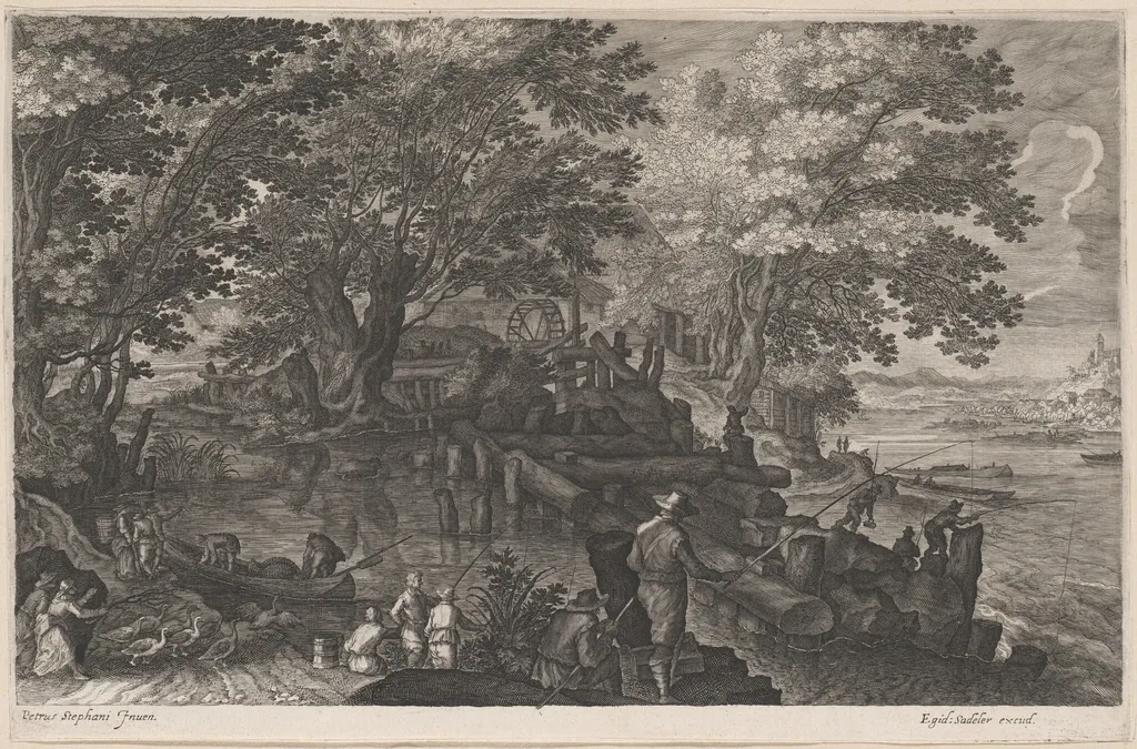 Fishermen by an Island Watermill, by Aegidius Sadeler II, ink, 1612