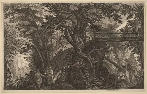 Forest Landscape with Two Men and a Woman Resting near a Bridge, by Aegidius Sadeler II
