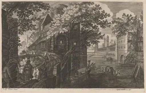 Gondolas on a River by a Palace, by Aegidius Sadeler II