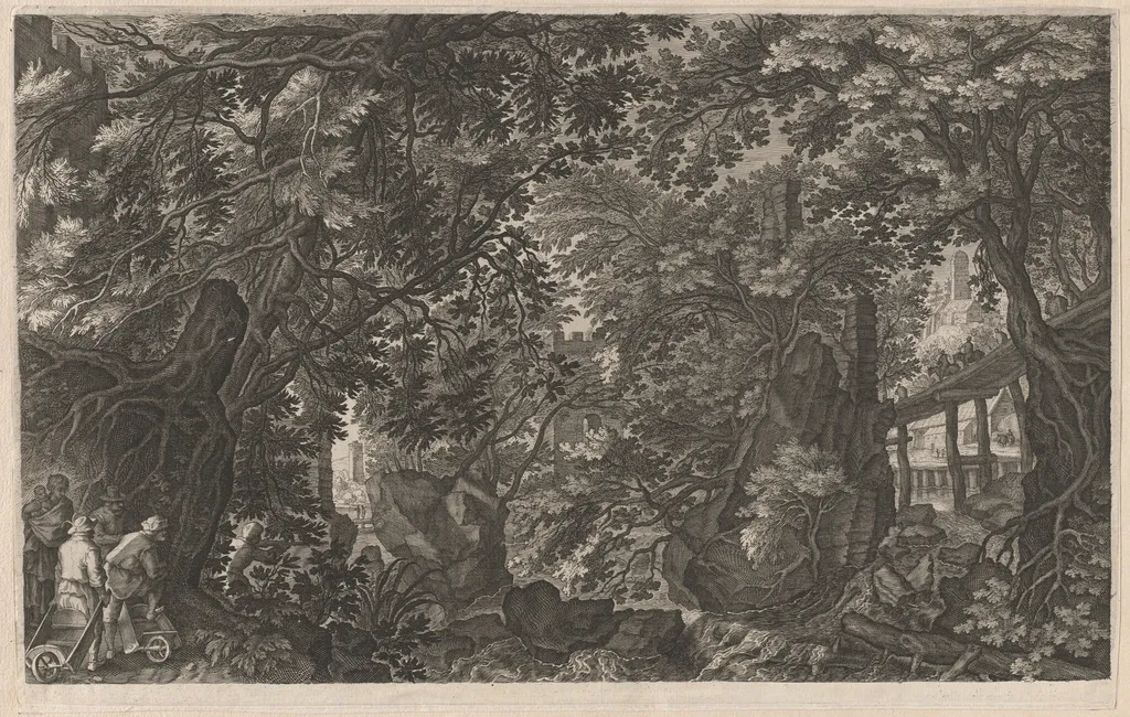 Hunters in a Forest near a Wooden Bridge, by Aegidius Sadeler II, ink, 1608