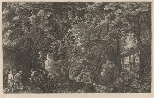 Hunters in a Forest near a Wooden Bridge, by Aegidius Sadeler II