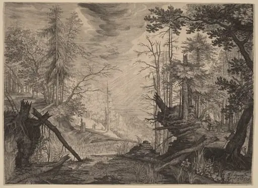 Three Hunters and Two Dogs near a Pool, by Aegidius Sadeler II