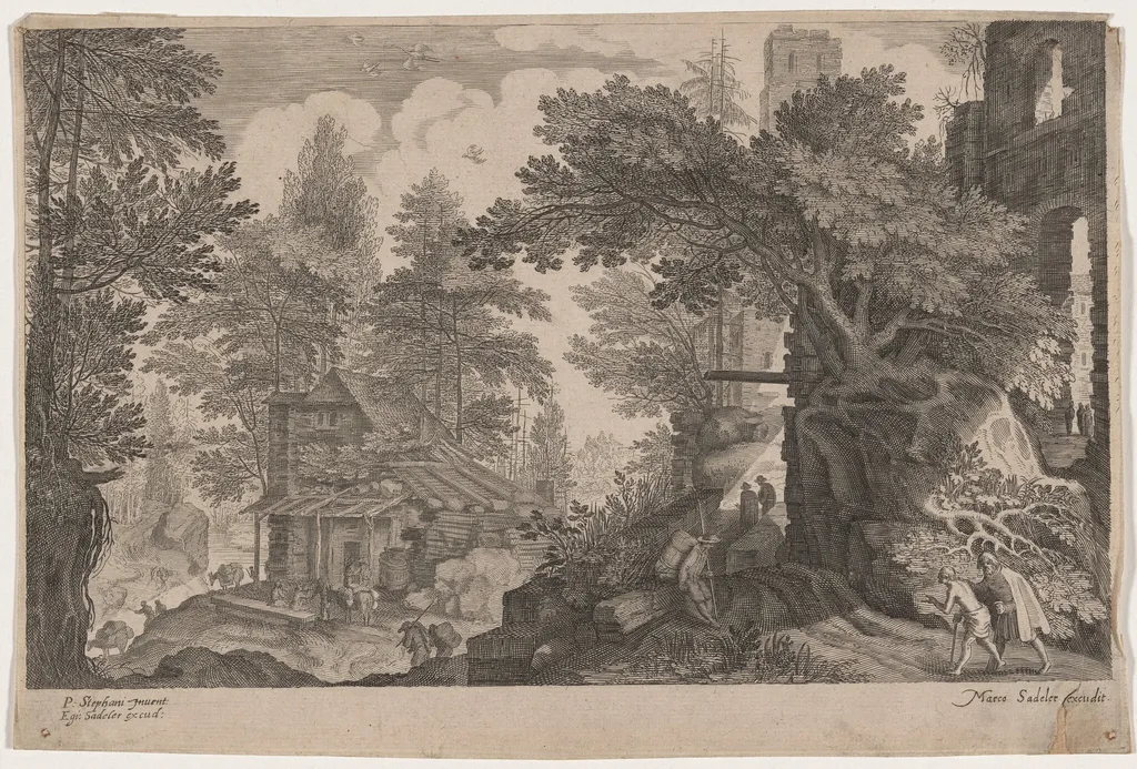 Travelers Resting in a Forest near a Hut, by Aegidius Sadeler II, ink, 1600
