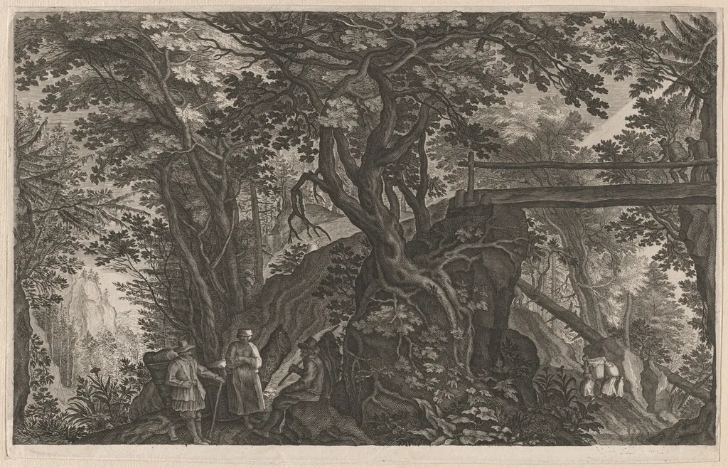 Travelers Resting in a Mountain Forest by a Log Bridge, by Aegidius Sadeler II, ink, 1608