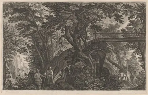 Travelers Resting in a Mountain Forest by a Log Bridge, by Aegidius Sadeler II