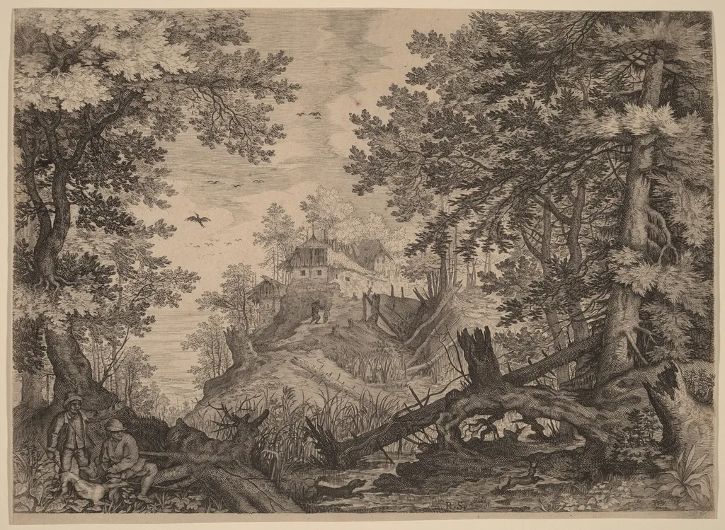 Woodland Scene with Two Hunters and a Dog to the Left, by Aegidius Sadeler II, ink, 1609