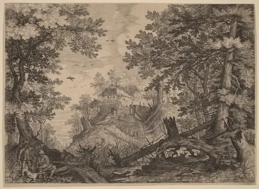 Woodland Scene with Two Hunters and a Dog to the Left, by Aegidius Sadeler II
