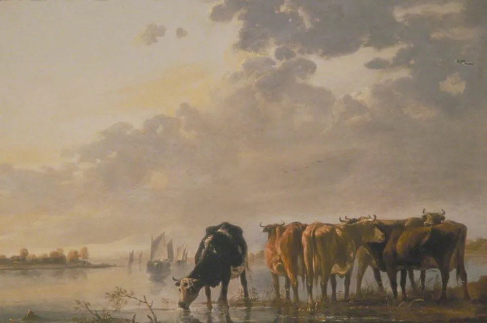 Cattle by a River, by Aelbert Cuyp, oil, 1650