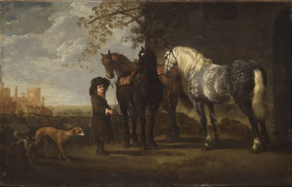 Groom with Three Horses and Two Dogs, by Aelbert Cuyp, oil, 1660