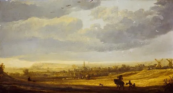 Landscape with a Town, by Aelbert Cuyp, oil, 1666