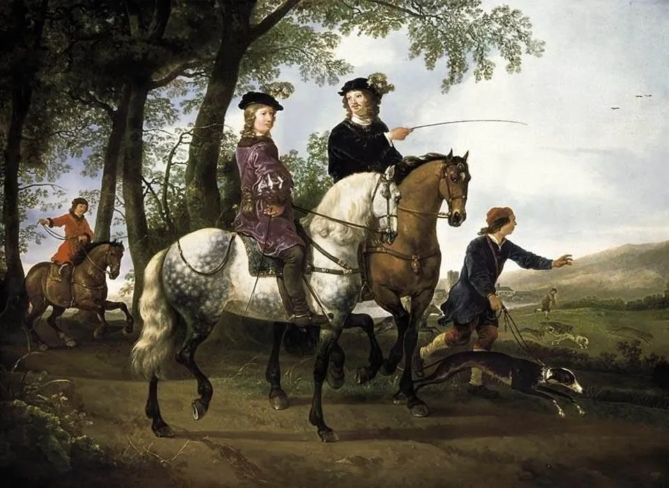 Landscape with a Youth and his Tutor on Horseback, by Aelbert Cuyp, oil, 1651