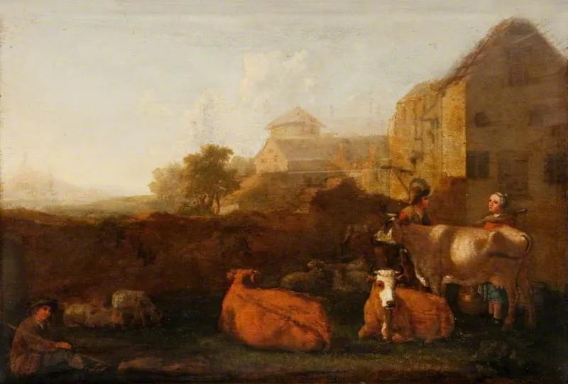 Landscape with Cattle and Figures, by Aelbert Cuyp, oil, 1670