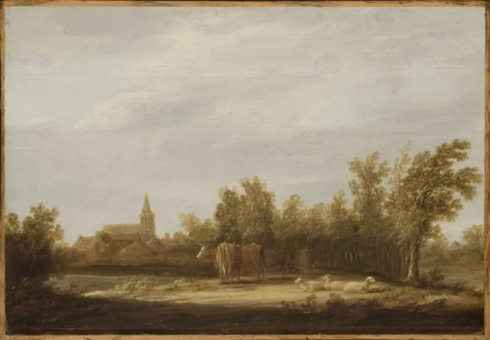Landscape with Cows and Sheep, by Aelbert Cuyp, oil, 1645