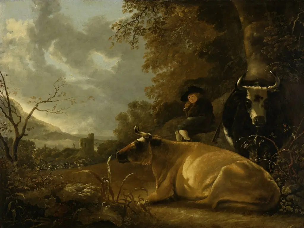 Landscape with cows and young herdsman