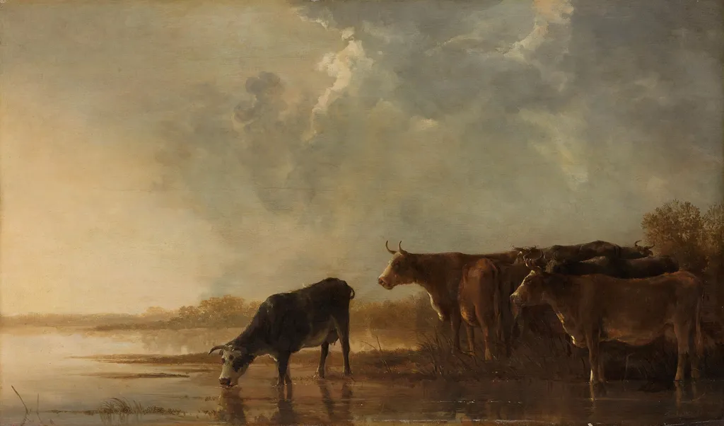 River landscape with cows, by Aelbert Cuyp, oil, 1650