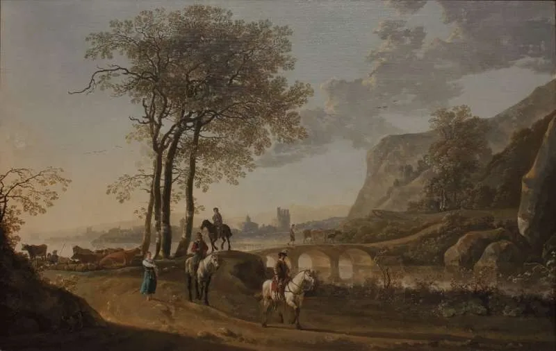 River Landscape with Shepherdess and Travellers, by Aelbert Cuyp, oil, 1650