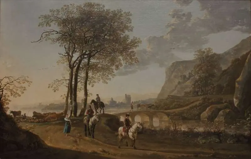 River Landscape with Shepherdess and Travellers, by Aelbert Cuyp, 1650