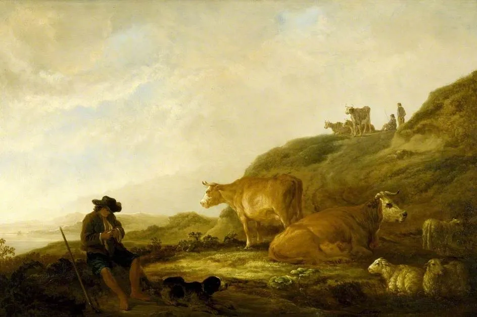 Seated Shepherd with Cows and Sheep in a Meadow, by Aelbert Cuyp, oil, 1644