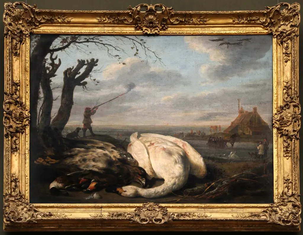 Winter landscape with dead birds and hunters